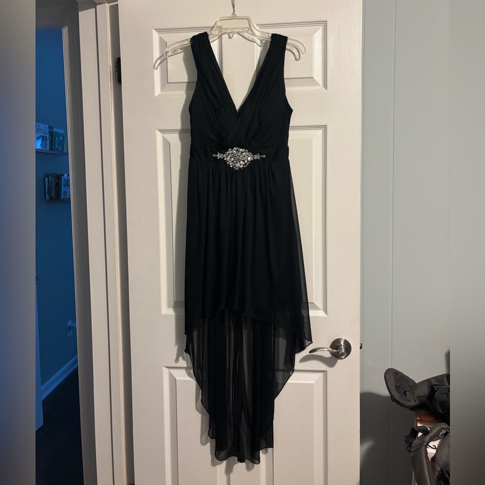 B Darlin Black High Low Dress with Embellished Waist